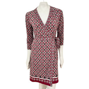 MAX STUDIO Mod Geometric Printed True Wrap Dress 3/4 sleeve Stretchy SZ M